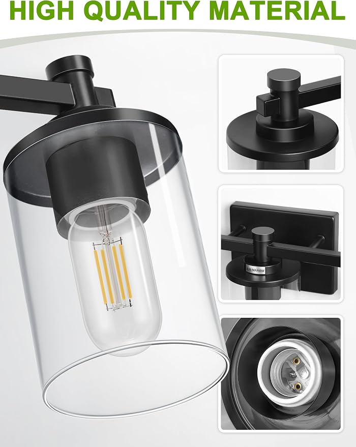 Bathroom Light Fixture, Bathroom Vanity Light Over Mirror, 3-Lights | Vanity Lights for Bathroom, Modern Lighting Fixtures with Clear Glass Shade, Black Vanity Lights, ETL Listed, 17inch