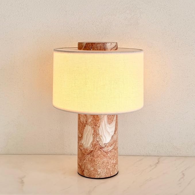 BSOD Marble Lamp, Stone Table Lamps Collection - Modern Cylindrical Lampshade Cordless Luxury Design Bedside Lamp for Home Decor, Bedroom, Living Room & Office (Plug-in Pink Lumachella Lamp)