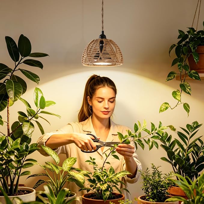Hanging Grow Light, 30W LED Lamp with Timer for Indoor Plants | 4000K LED plant lamp with 15 ft cord, outlet timer, and boho paper rope shade for succulents, herbs, and low-light rooms.