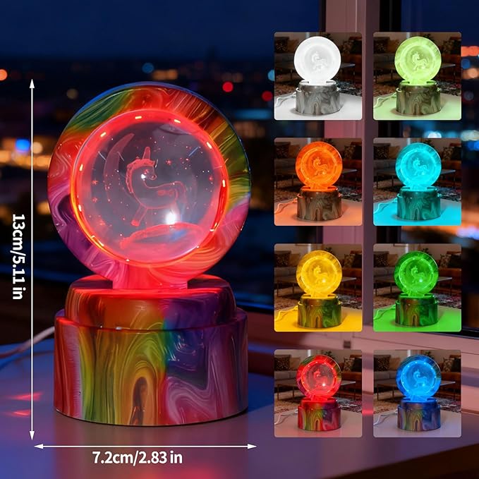 Cute Cartoon lamp,2.36 inch Rotatable 3D Crystal Ball Anime Night Light with 7 Colors Change,Color Box,Children's Room Decoration Holiday Gifts，Birthday Christmas Gifts (Unicorn)