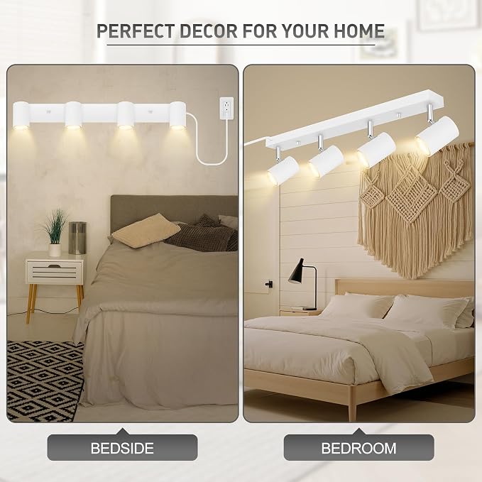 LED Track Lighting Ceiling Fixtures, White 4-Light Plug in Track Lights for Kitchen, 23" Ceiling Spotlight, 15 FT Cord,Flexibly Rotatable Wall Mount Light Head for Bedroom Hallway