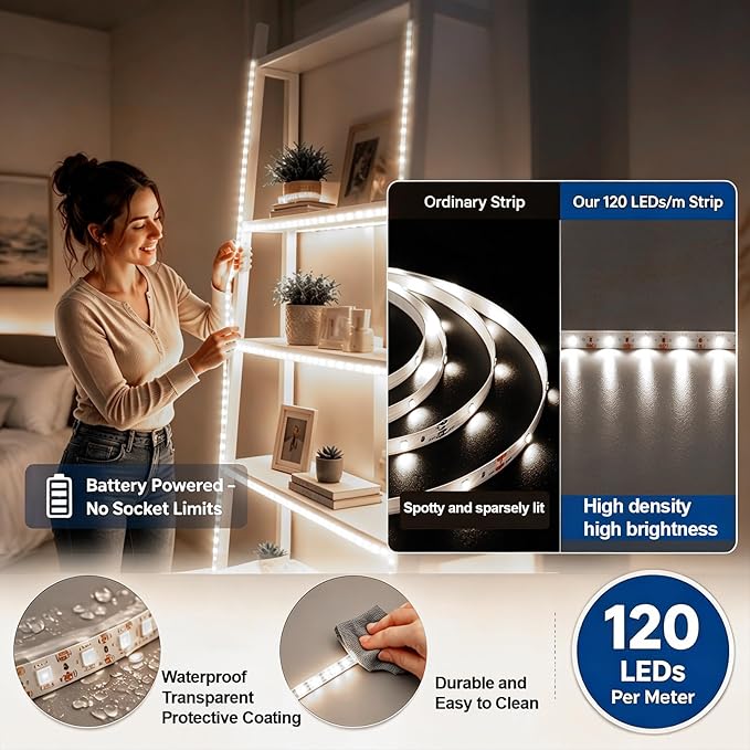 ZSLAIFU 2Pack White 3.3FT LED Light Strips Battery Powered Battery Operated LED Lights 120 LEDs Strip Lights for Cabinet Closet Shelves DIY Lighting