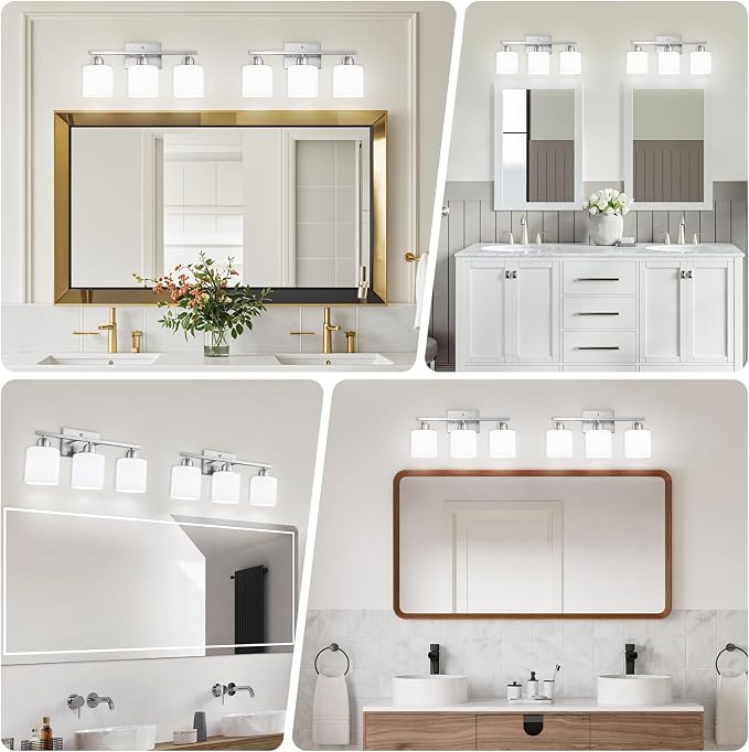 Brushed Nickel Bathroom Light Fixture, Anti-Rust Finish 3 Light Vanity Lights for Bathroom, Bath Lights with Milky White Frosted Glass Shades, E26 Socket