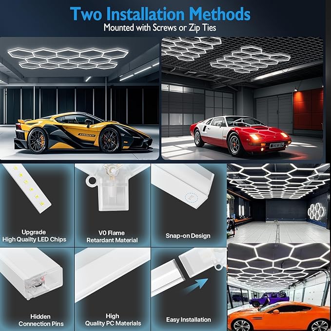 31-Lights LED Hexagon Honeycomb Shop Light, 48,800 Lumens Super Bright 7-Hex DIY Ceiling Light, 488W Garage Lighting for Car Detailing, Workshop, Warehouse, Gym, Basement