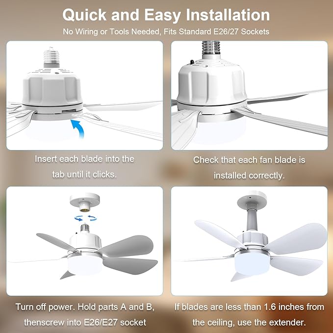 2Pack Socket Fan Light With Remote, Screw in Ceiling Fans with Dimmable Light, 3 Colors 3000K-6500K,Smart Ceiling Fan Light Kit Bulb for Bedroom Living Room Kitchen Garage Dinning Room
