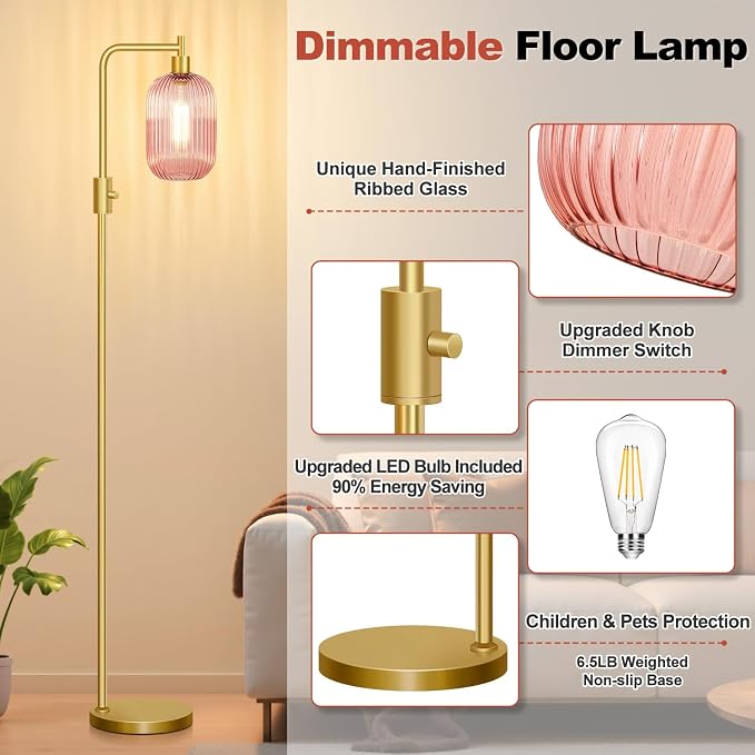 【Upgraded】 Dimmable Floor Lamp for Living Room with Pink Ribbed Glass Lampshade, Gold Modern Floor Lamp with 900LM LED Bulb Included, Arc Standing Tall Lamp for Bedroom, Office, Reading Room, Corner
