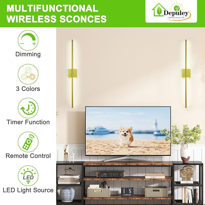 Depuley Battery Operated Wall Sconce: Set of 2 Wireless Wall Lights with Remote for Bedroom - Rechargeable 15 Colors Gold Wall Lamp for Living Room Hallway Home Decor