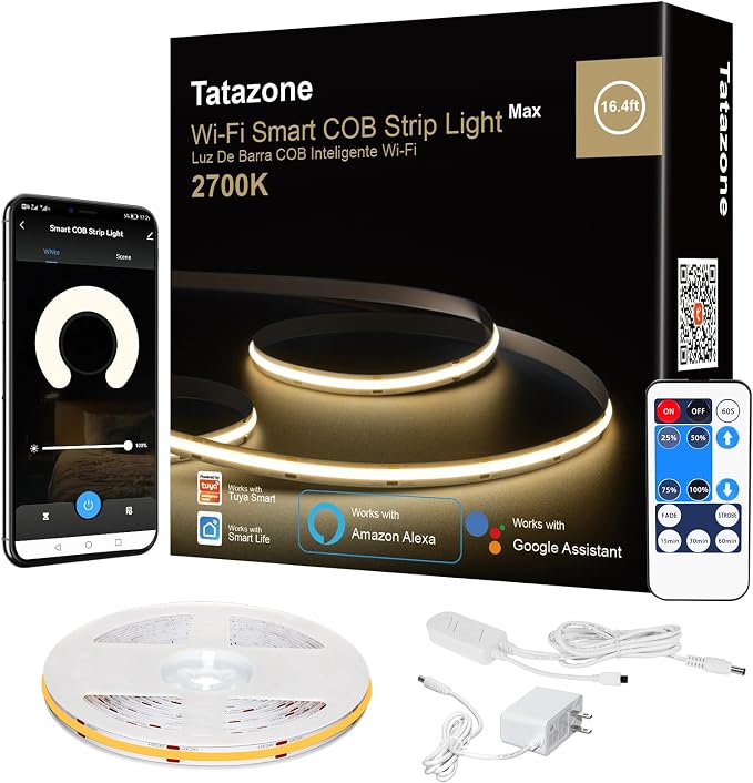 Tatazone WiFi Smart White COB Led Strip Light with Remote | 16.4ft, 2700K, Work with Alexa and Google, Timer, Group Control, Dimmable Warm White for Cabinet, Room, Kitchen, Shelf