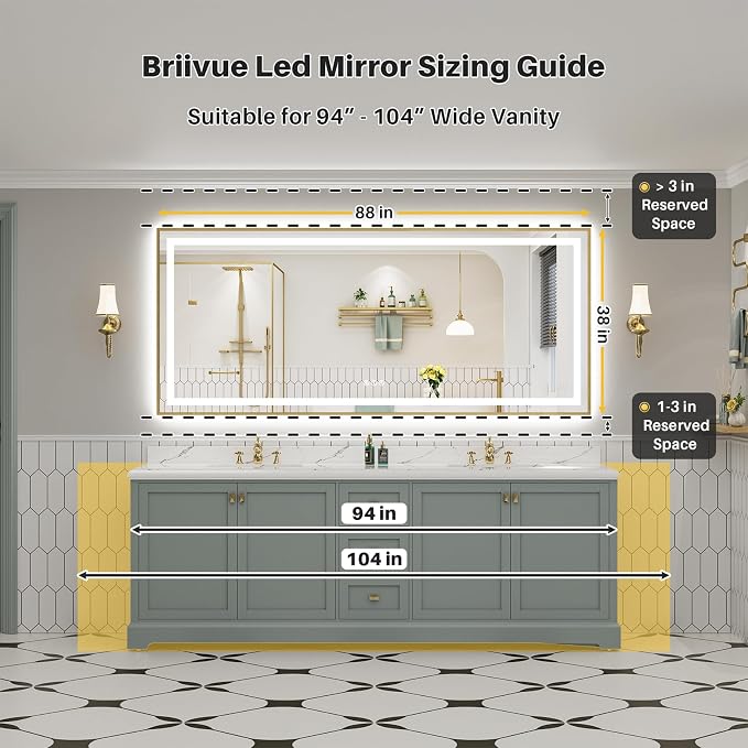 88x38 Inch LED Bathroom Mirror with Gold Frame, Backlit & Front Lit | Anti-fog, 3 Color Dimmable, Memory Function, HD Reflection Tempered Glass, ETL Listed, IP54 Waterproof