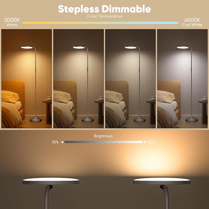 36W LED Floor Lamp, Super Bright Standing Lamp, Modern Stepless Dimmable Torchiere Tall Lamp with Remote Control, 350°Rotating Head Reading Floor Lamp for Living Room, Bedroom, Office