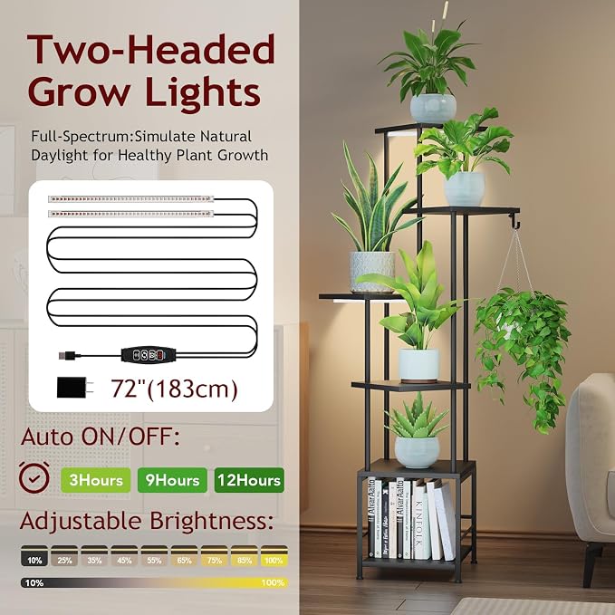 Plant Stand Indoor with Grow Light - 6-Tier Metal Plant Shelf with Hanging Basket Hook, Corner Tall Flower Holder for Multiple Plants, Living Room Balcony Garden Patio, Black