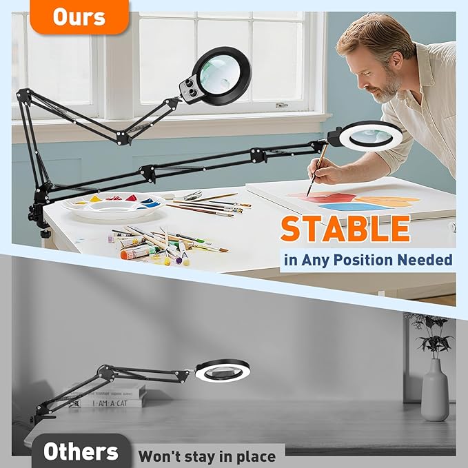 KIRKAS 12X & 30X Magnifying Glass with Light and Clamp, Extra-long Arm Magnifying Lamp Overhead Knob for Workbench Craft Repair Sewing, LED Lighted Magnifier Real Glass Lens Stepless Dimming and Color