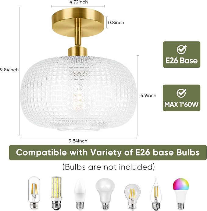 ROTTOGOON Modern Semi Flush Mount Ceiling Light for Flat and Sloped Ceiling | Adjustable Gold Hallway Light Fixtures with Clear Glass Shade for Kitchen Bathroom Entryway Bedroom (Bulb Not Included)
