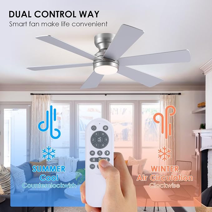 Asyko 46" Silver 6-Blade Modern Low Profile Ceiling Fan with Light & Remote | 6 Double-Sided Blades,6 Wind Speeds, Reversible,Dimmable 3 CCT LED Light, 25W Quiet DC Motor,1/2H Timer,for Bedroom Kitchen
