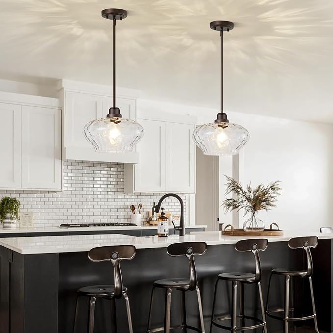 Modern Pendant Lights Kitchen Island, Oil Rubbed Bronze Pendant Light Fixtures with 11" Clear Hammered Glass Shade, Industrial Hanging Pendant Lights Fixture for Kitchen Island Dining Room Foyer