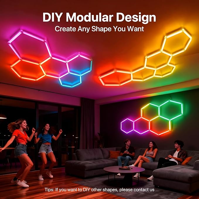 HYPERLITE Hexagon Garage Lights: Gen IV-11 Grid RGB Hexagon LED Lights with Music Sync Mode, App & Remote Control, Multi-Color Honeycomb Light for Gaming Room, Gym, Garage
