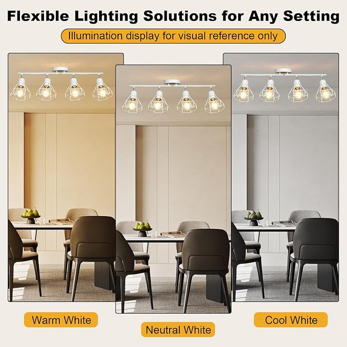 HiBay 4-Light Ceiling Track Lighting Fxiture White, Modern Spotlight, E26 | Rotatable 4 heads with farmhouse metal cage shade for kitchen bathroom vanity dining room, bulb not included