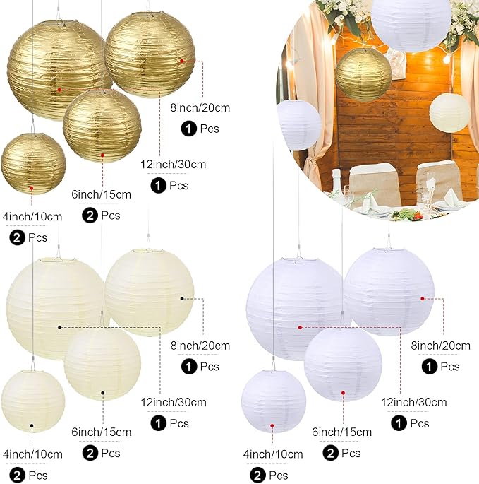 Pelopy 18 Pcs Paper Lanterns 4/6/8/12 Inches Round Chinese Japanese Paper Lanterns for Indoor New Year Valentine's Day Wedding Birthday Party Decorations(Gold, Beige, White,4/6/ 8/12 Inch)