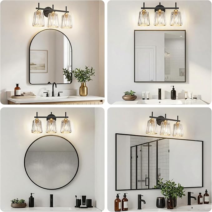 Crystal Bathroom Light Fixtures Over Mirror, Black Gold 3-Light Bathroom Vanity Lights Over Mirror Modern Wall Lighting Sconces with Ceramic E26 Base (Bulbs Not Include)