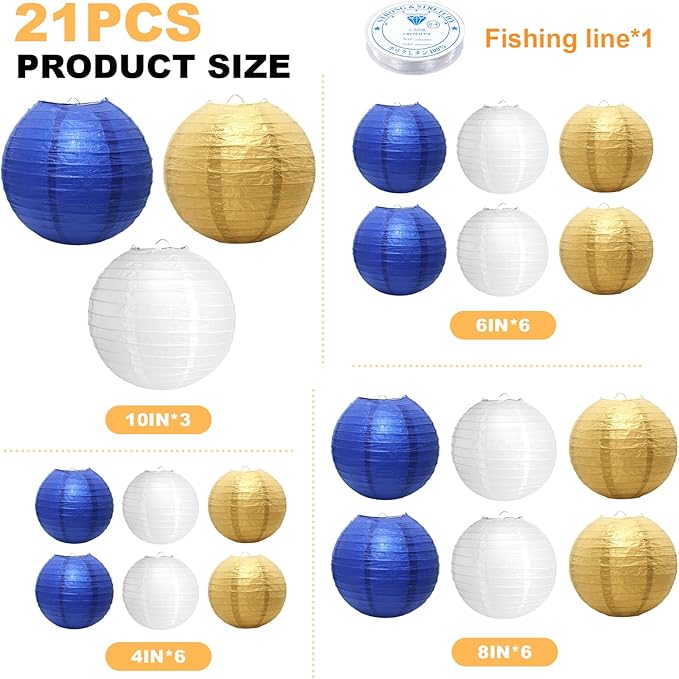 21 Pcs Navy Blue Paper Lanterns Party Decorations, 4/6/8/10 Inch Round Chinese Hanging Paper Lanterns for Wedding, Birthday, Baby Shower, Graduation, Classroom Ceiling Decorations Indoor Outdoor