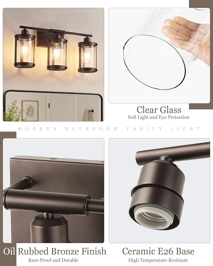 3-Light Oil Rubbed Bronze Bathroom Light Fixtures Over Mirror with Clear Glass and Metal Cage Shade, 21" UL-Listed Modern Farmhouse Wall Sconce for Bath, Hardwire E26, OS-3014ORB-3W