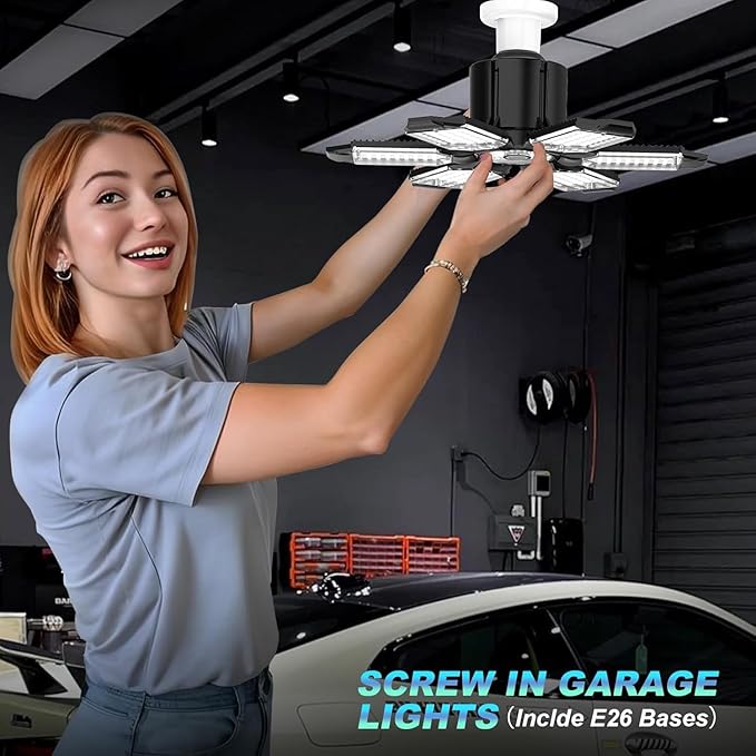 Led Garage Lights 2 Pack 200W Super Bright Ceiling Led Shop Lights, E26/E27 Base, 6500K, 22000LM Deformable Garage Light Ideal for Basement, Attic and Workshop, Commercial Bay Lighting