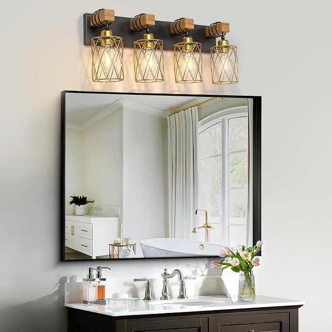 IZORRO Farmhouse Bathroom Vanity Light, 4-Light Wood Bathroom Light Fixtures Over Mirror, Black and Gold Industrial Vanity Lights with Metal Shade, Rustic Restroom Lighting Fixtures