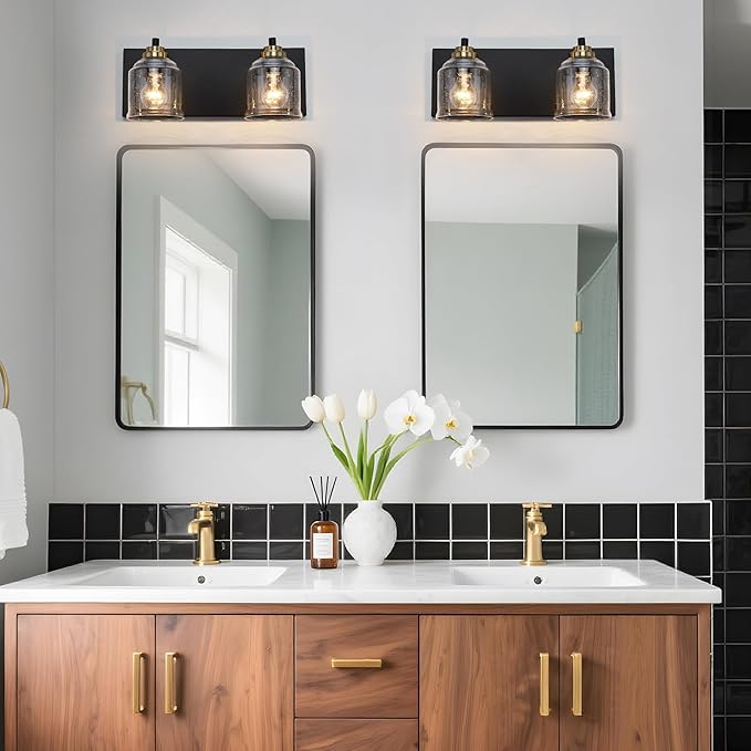Vanity Lights for Bathroom Large 15.8", Farmhouse Rustic Vanity Light with Bubble Glass Shades, Black and Gold 2 Light Bathroom Lighting Fixtures Over Mirror, Bath Wall Sconce Home Decor