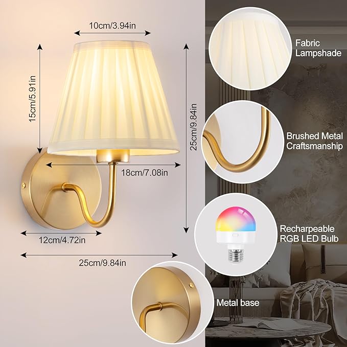 Vintage Battery Operated Wall Sconces Set of 2, Pleated Fabric Shade Gold Wall Lamp with Remote Control, Cordless Rechargeable Wall Sconces Fixtures for Bedroom, Living Room, Beside (2 Bulbs Included)