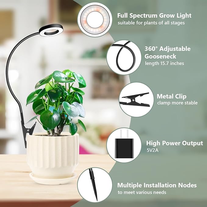 Clip on Grow Light Black for Indoor Growing, 48 LED Full Spectrum | Halo Plant Lamp with 6/12/16H Auto Timer, 5 Dimming, 3 Light Modes, 2 Installation Options Clip or Plug, 360° Gooseneck