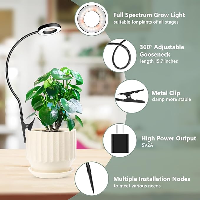 Plant Light Black 2 Pack, Clip on Grow Lights for Indoor Plants | LED Full Spectrum Halo Grow Lamp, 6/12/16H Timer, 5 Dimmable, 3 Modes, 2 Installation Options Clip or Plug, 360° Gooseneck