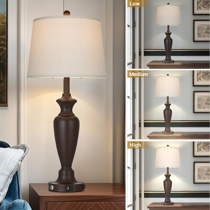 30" Tall Brown Table Lamp for Living Room, Touch Control Bedside Lamp for Bedroom Nightstand, 3-Way Dimmable Farmhouse Lamp with Charging Ports (1 Pack)