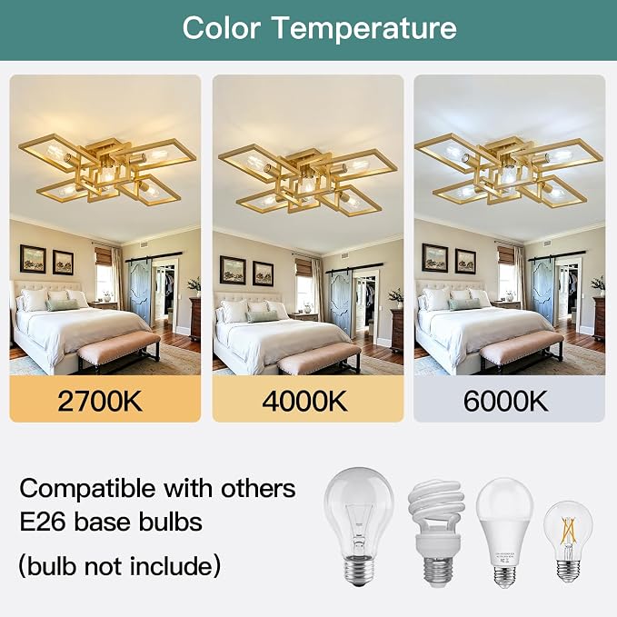 ZGLAOJT Semi Flush Mount Ceiling Light 5-Light Gold Kitchen Light Fixtures | Modern Large Matte Sputnik Chandelier for Dining Room Bedroom Farmhouse Living Room