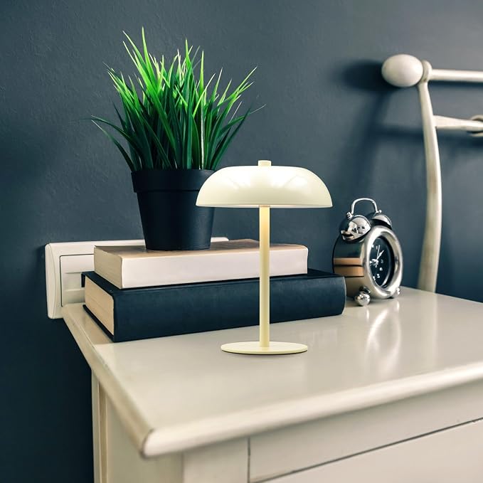 Cordless LED Mushroom Table Lamp, 5200mAh Battery, Dimmable 3 Color, White | Small, 8.46in, Portable, Easy to Assemble, Metal structure, Rechargeable, Suitable for bedroom, café, and bar counter