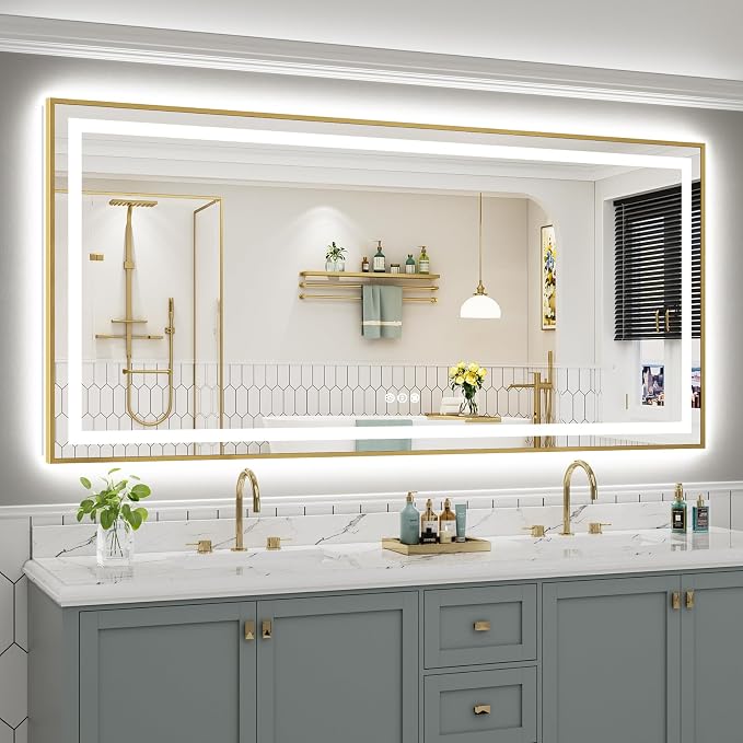 84x40 Inch LED Bathroom Mirror with Gold Frame, Backlit & Front Lit | Anti-fog, 3 Color Dimmable, Memory Function, HD Reflection Tempered Glass, ETL Listed, IP54 Waterproof