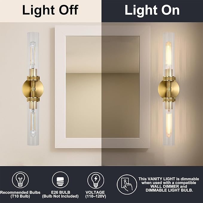 LaLuLa 2-Light Gold Bathroom Vanity Light Fixtures 2-Pack – Hardwired Wall Sconces with Rippled Glass Shades and Textured Metal Frame, Modern Vanity Lighting for Mirror, Bedroom, or Hallway, 25”