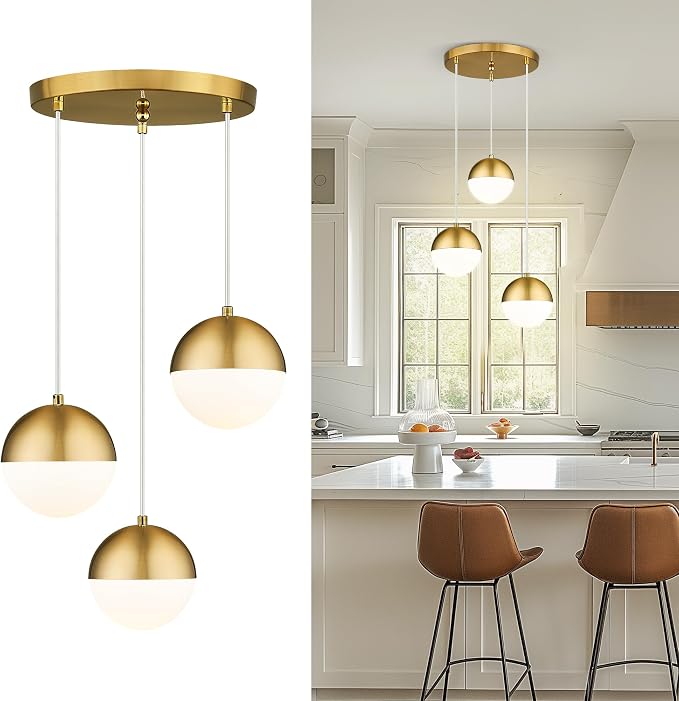 Brushed Gold 3-Light Cluster Pendant Lights, Modern Kitchen Island Lighting with White Globe Glass Shade, Adjustable Hanging Cord Ceiling Light for Bathroom Bedroom Dining Room, LMS-186BG3