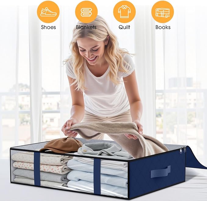 StorageRight Under Bed Storage Bags, 8 Pack, 40L, Blue | Breathable Non-Woven Fabric with a Clear Window and Zippered Top for Clothes, Comforters, Blankets and Seasonal Storage