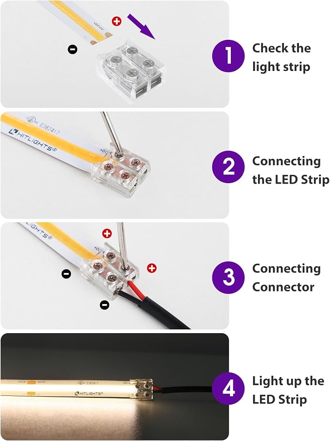 HitLights 2 Pin 10mm LED Connector Solderless 12 Pack for LED Light Strips | Strip-to-Wire, Transparent, with Screwdriver, Work with 5V/12V/24V SMD COB LED Single Color LED Strip and 14-20 AWG Wires