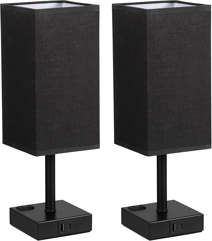 Set of 2 Black Table Lamp for Bedroom - Dimmable Touch, USB C+A, AC Outlet | 3-Way Dimming, 5000K Daylight Bulb Included, Nightstand Lamp with Square Linen Shade, Small Room Decor for Men, Boys, Desk