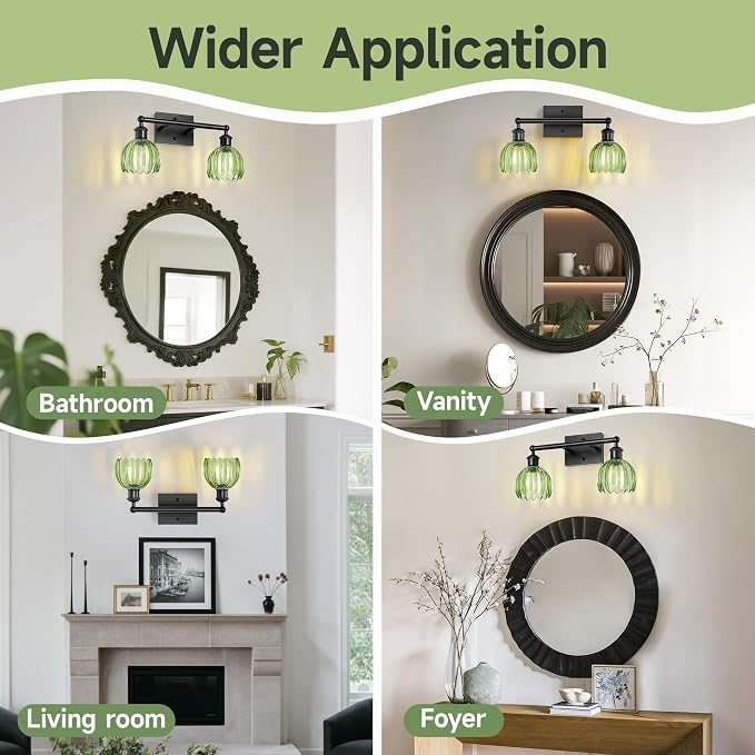 Bathroom Light Fixture,2-Light Vintage Bathroom Sconces Over Mirror, Black Fancy Vanity Lights, Flower Light Fixture with Green Tulip Glass Shade for Bedroom, Living Room, E26 Base