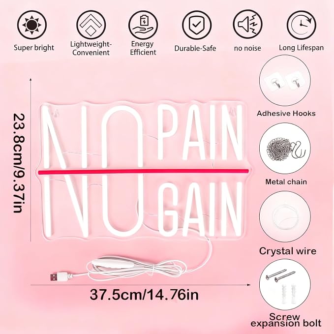 No Pain No Gain Neon Sign, Motivational LED Gym Neon Light | USB Powered Fitness Wall Decor for Home Gym, Workout Room, Man Cave, Garage, Gift for Gym Lovers