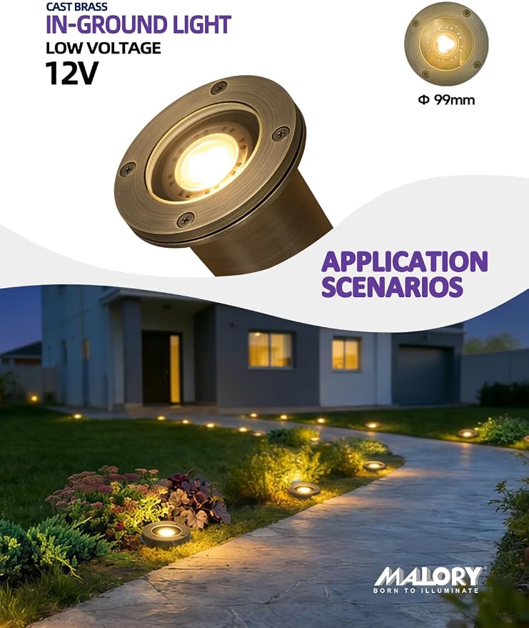 MALORY Brass Landscape Well Lights, (φ99 mm) 12V Low Voltage Outdoor In Ground Lights,Landscape Lighting for Pathway, Driveway, Garden 1 Pack with Bulb (Full Brass -01A, 10-Pack with Bulb)