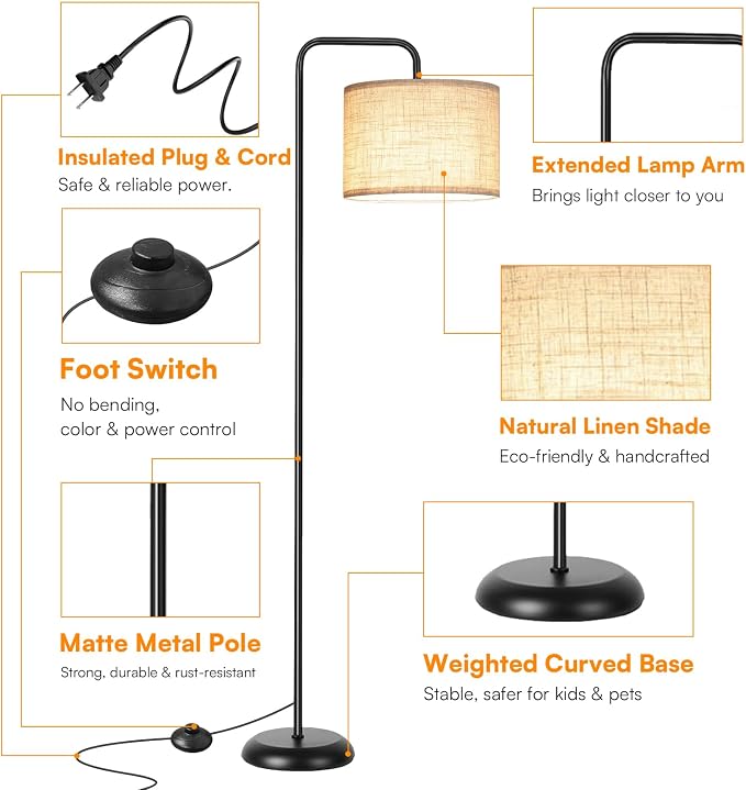 TJOY Floor Lamp, Black Standing Floor Lamp for Living Room with 3 CCT Bulb | 3 Color Temperatures 12W Bulb included, Metal Lamp with Extended Arm, Lamp for Bedroom, Couch, Reading Nook, Office, Black