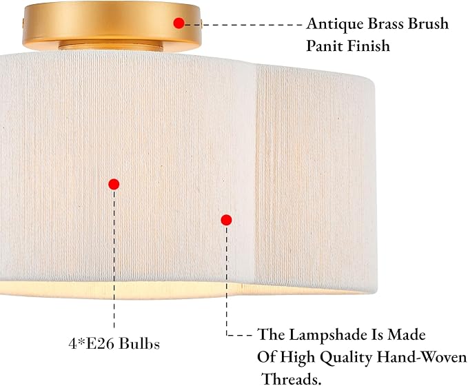 VILUXY Boho Rattan Semi Flush Mount Ceiling Light Fixture, 4-Light Gold Ceiling Lighting with Hand Wovan Wicker Shade Costal Drum Close to Ceiling Light for Bedroom Hallway Nursery, UL Listed