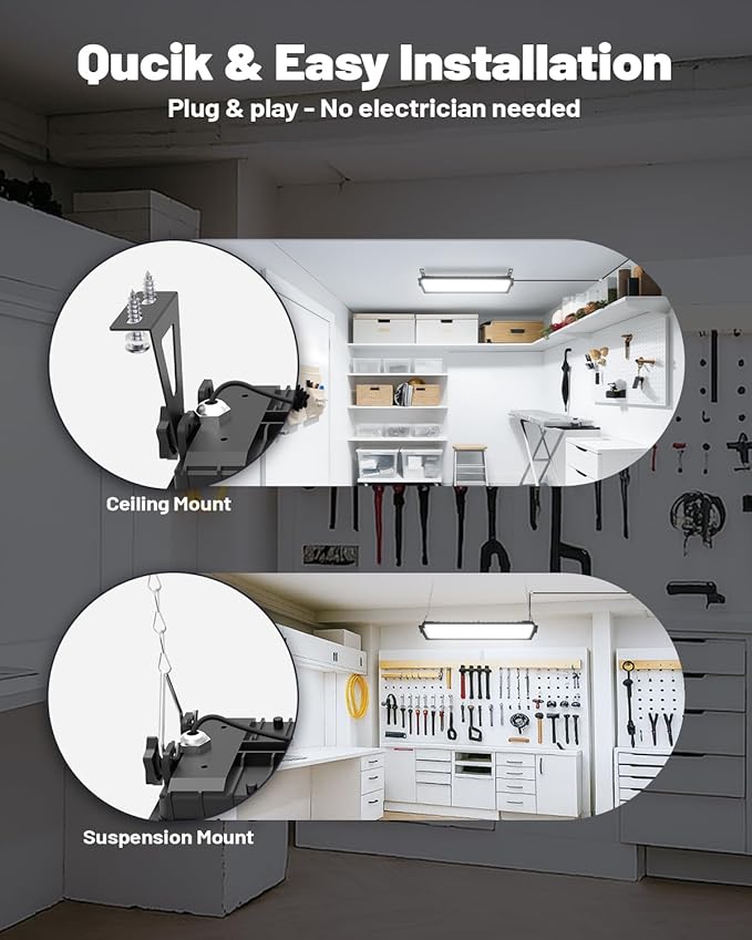 2 Pack Linkable LED Shop Lights, Ultra Bright 100W 15000LM Aluminum Plug in Garage Light w/ 9.84ft Power Cord, 6000K Work Light for Garage, Workshop, Warehouse (Built-in Outlet)