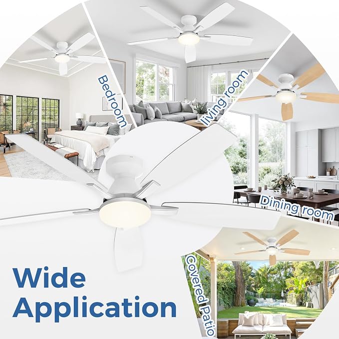 52 Inch Ceiling Fans with Lights, Remote & App Control, Quiet Reversible DC Motor, 6 Speeds, Dimmable 3CCT LED Light, Low Profile Flush Mount Ceiling Fan for Bedroom Living Room, White