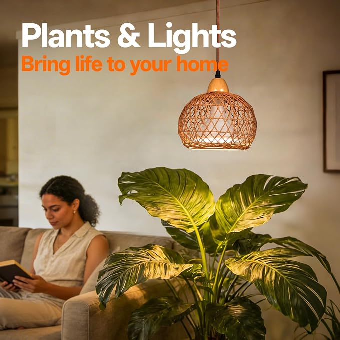 Hanging Grow Light for Indoor Plants 18W | Full Spectrum Plant Light, With 4H/9H/14H Timer, Boho Rattan Shade, 3800K Hanging Lights for Indoor Plants