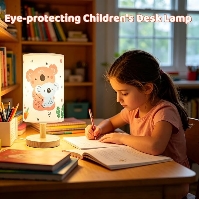 Bear Kids Table Lamp for Bedroom Kids Bedside Lamps 3 Colors Wooden Base Nightstand Night Light with Cartoon Flaxen Fabric Shade Desk Lamp for Girls Boys Room Nursery Decor,Bear Gifts for Boys Girls