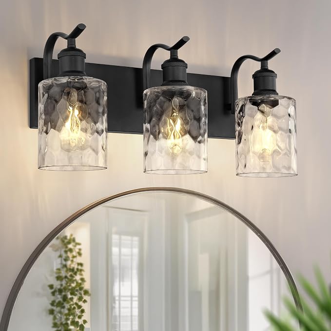 3-Light 20 Inch Bathroom Vanity Light,Hammered Glass,Black | Over Mirror Wall Light,E26 sockets,for bathroom mirror,powder room,dressing area,wall-mounted vanity lighting